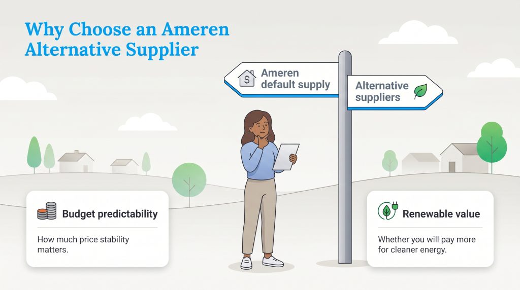 Woman decides between Ameren supply for budget and alternative suppliers for renewables.