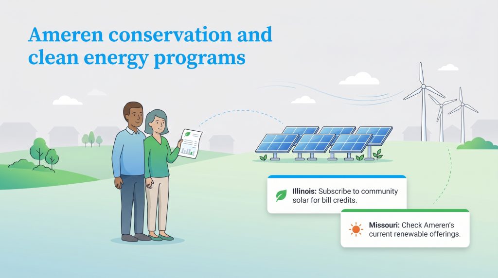 Illustration of a couple looking at solar panels and wind turbines, with information on Ameren's community solar programs for Illinois and Missouri.