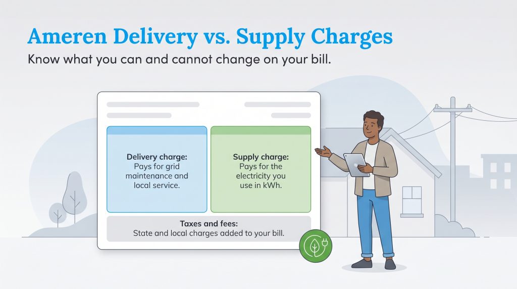 Illustration of a man with a tablet pointing to a chart showing Ameren Delivery vs. Supply charges.