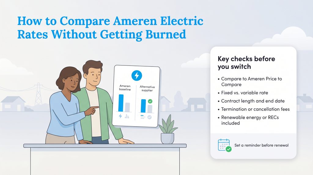 A couple reviews Ameren vs. alternative supplier electric rates on a screen alongside a checklist of key considerations before switching.