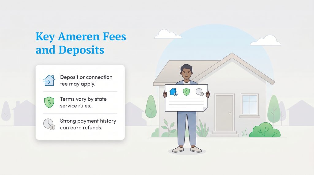 Infographic detailing Ameren deposits, fees, state rules, and refunds based on payment history.