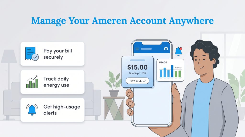 Infographic illustration showing a person using the Ameren mobile app to pay bills, track energy, and get alerts.