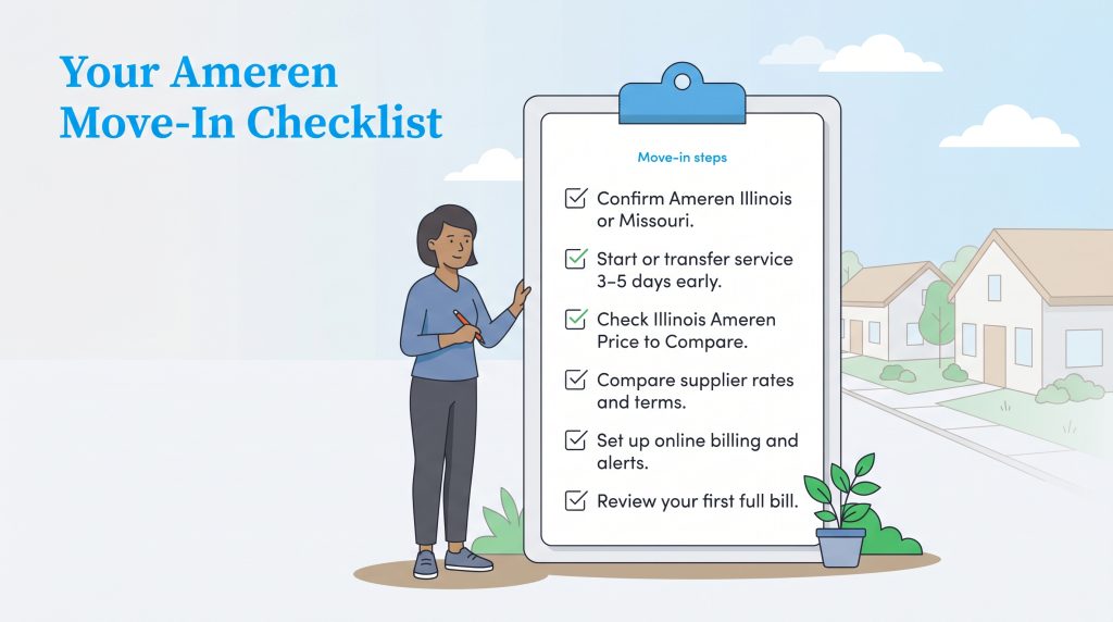 Illustrated checklist titled Your Ameren Move-In Checklist showing six steps for setting up utility service.