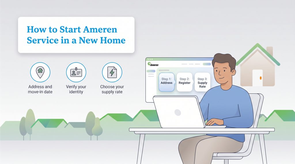 Infographic showing a man at a computer completing a three-step process to start Ameren service.