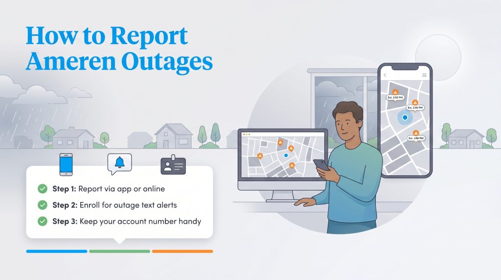 Infographic showing how to report Ameren outages, including online tools and a three-step checklist.