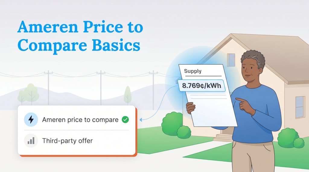 Illustration of a person holding a utility bill showing the Ameren Price to Compare rate.