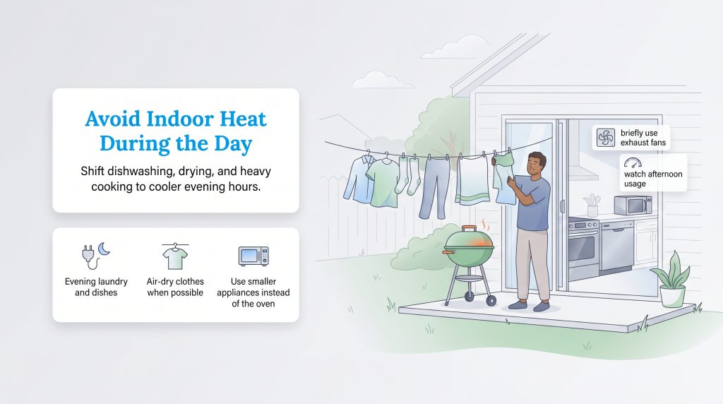 Illustration showing tips to avoid generating indoor heat, like grilling and hanging laundry outside.