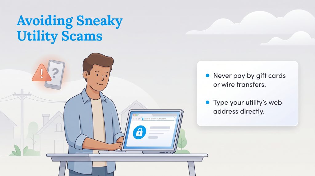 A man on a secure laptop next to tips on avoiding utility scams, like not paying with gift cards.