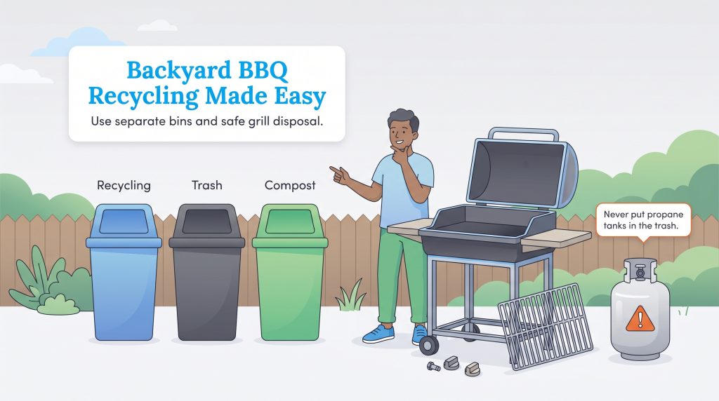 Illustration showing recycling, trash, and compost bins next to a grill and a propane tank with a warning not to trash it.