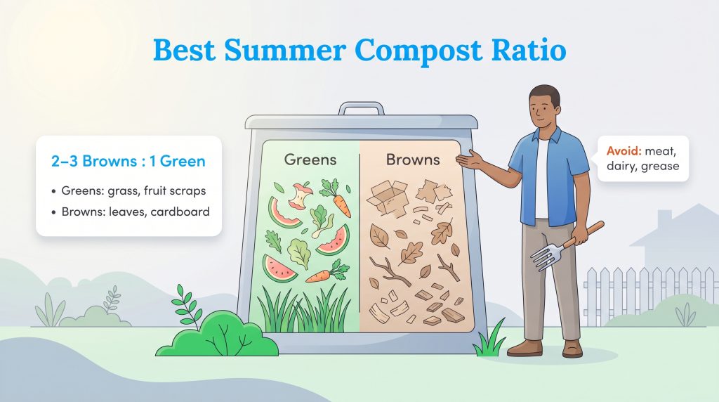 Man by compost bin illustrating the 2-3 browns to 1 green ratio for summer composting.