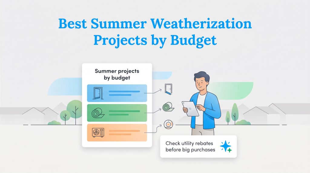 A person compares summer weatherization projects by budget and is reminded to check for utility rebates.