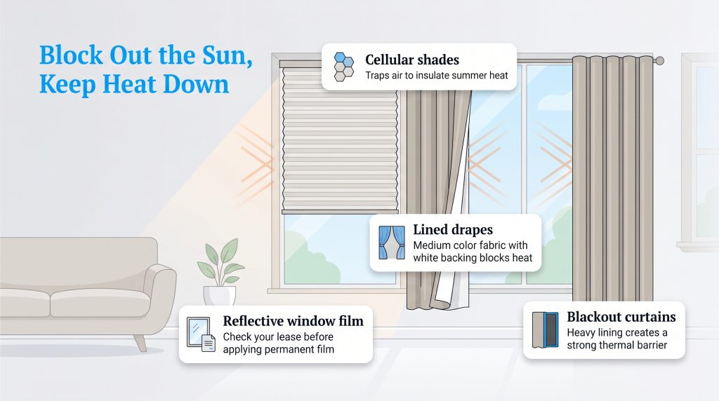 Diagram of window treatments like shades, drapes, and film blocking sunlight to keep a room cool.