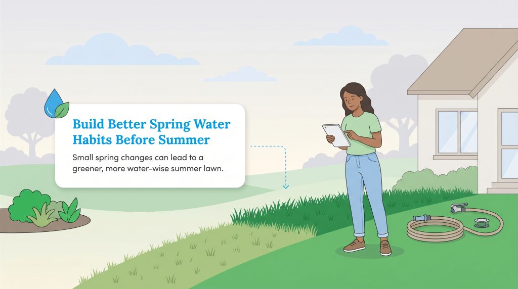 A woman in her yard with a tablet next to text: "Build Better Spring Water Habits Before Summer".