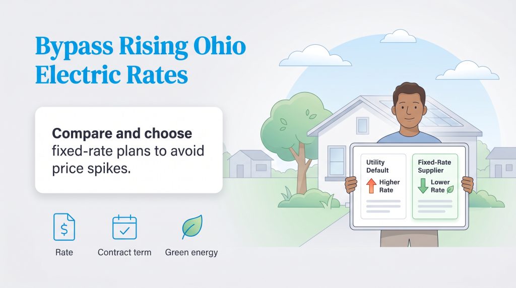 Man holding a tablet that contrasts a high utility default rate with a lower fixed-rate supplier.