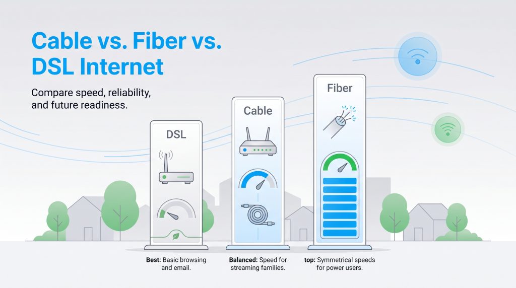 Infographic comparing DSL, Cable, and Fiber internet speeds, reliability, and use cases.