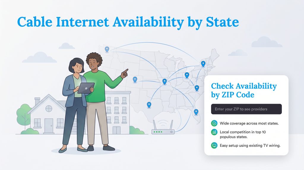 Two people view a US map with cable coverage markers next to a Check Availability by ZIP Code tool.