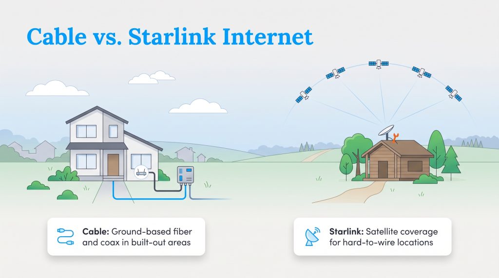 Diagram showing a house connected to cable internet via ground wires and a cabin connected to Starlink via a satellite dish and an arc of low-earth orbit satellites.
