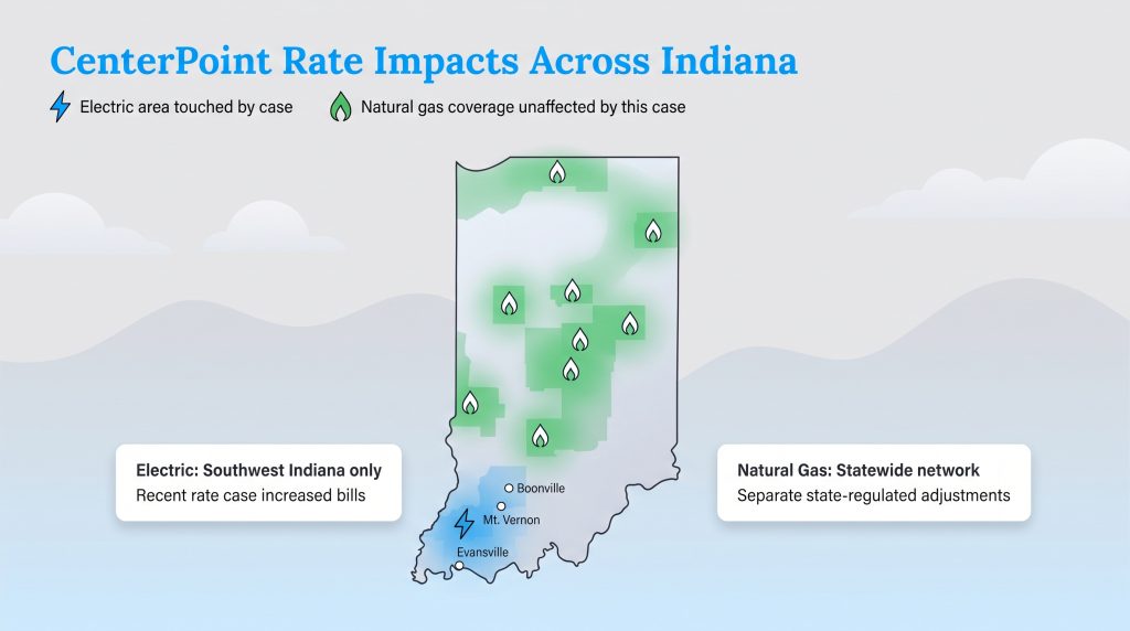 Map shows CenterPoint electric rate hike in southwest Indiana versus statewide gas network.