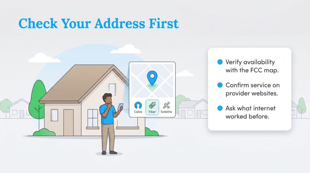 An illustration of a man checking internet availability at his home using a map and three steps.