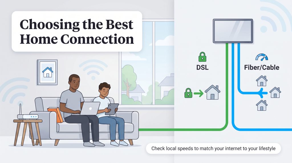 Infographic comparing DSL's dedicated connection versus Fiber/Cable's shared network for homes.