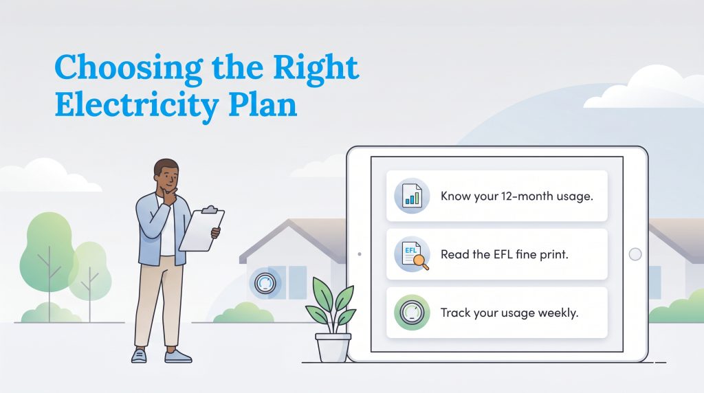 Man viewing tablet infographic titled Choosing the Right Electricity Plan with a three-step checklist.