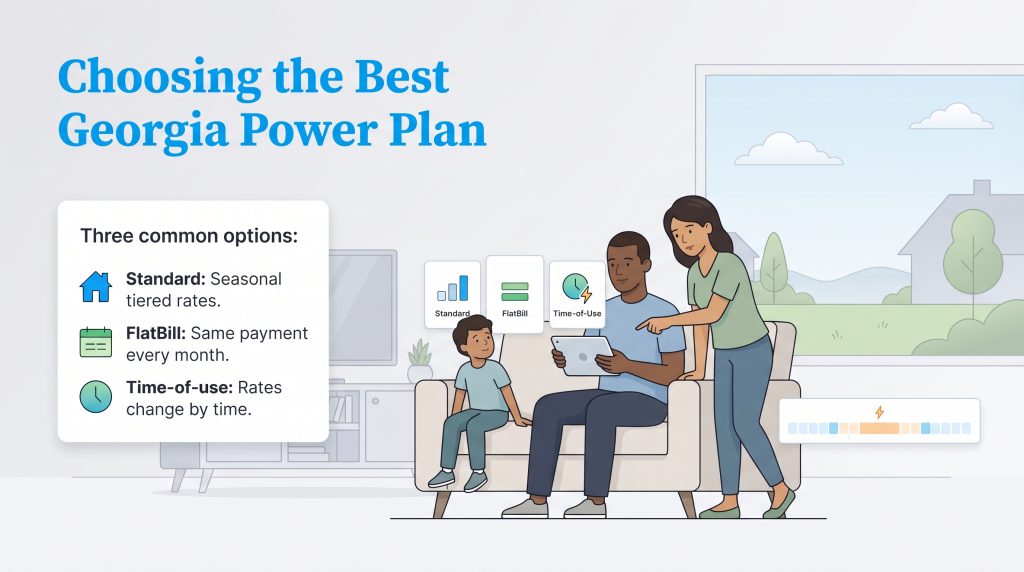 An illustration of a family on a couch looking at Georgia Power plan options on a tablet.