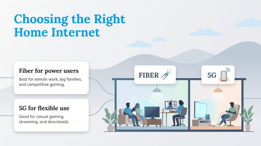 Infographic comparing Fiber internet for heavy usage against 5G for flexible, casual use.