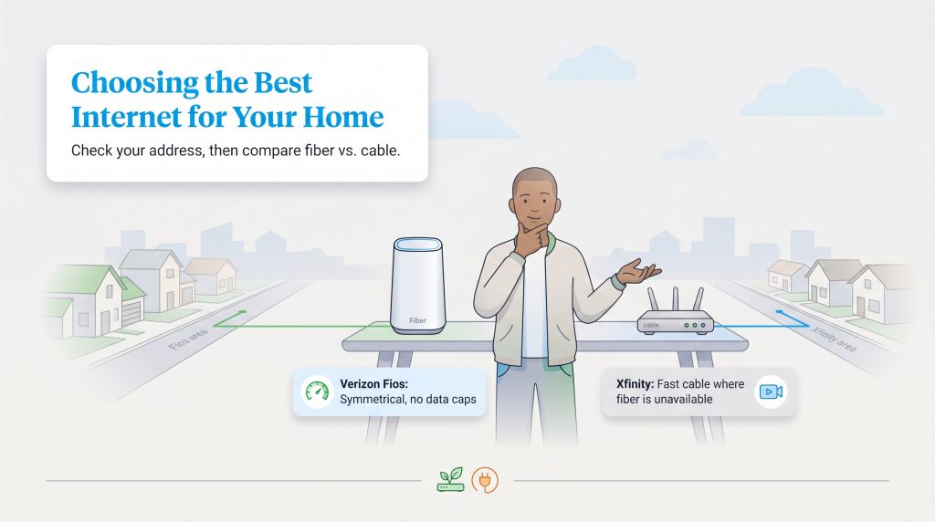 Illustration of a man choosing between Verizon Fios fiber and Xfinity cable internet routers.