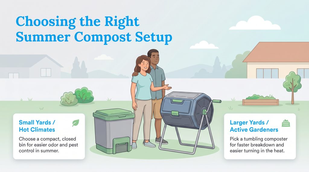 Illustration of a couple with two compost bins, comparing setups for small versus large yards.