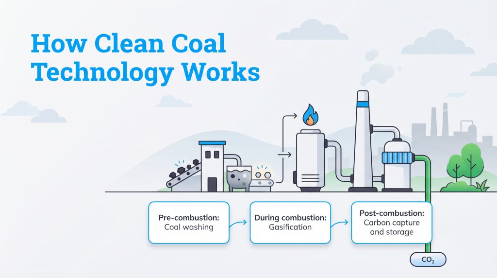 Diagram showing clean coal technology stages: Pre-combustion (coal washing), During combustion (gasification), and Post-combustion (carbon capture).