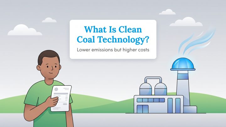 Infographic titled What Is Clean Coal Technology? explaining lower emissions but higher costs.