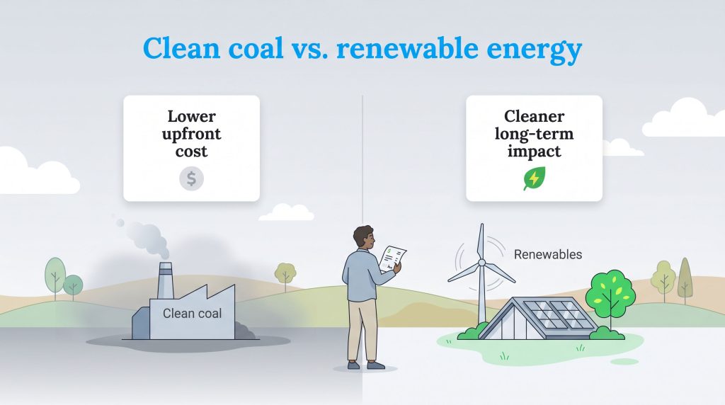 A comparison infographic shows clean coal has lower upfront costs but is less clean than renewables.