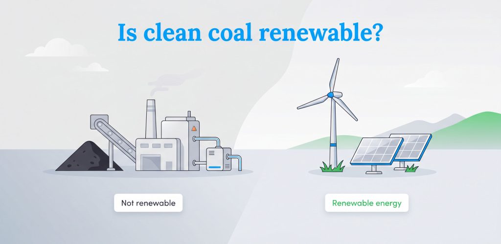 Illustration comparing a coal plant labeled 'Not renewable' with wind turbines and solar panels labeled 'Renewable energy'.