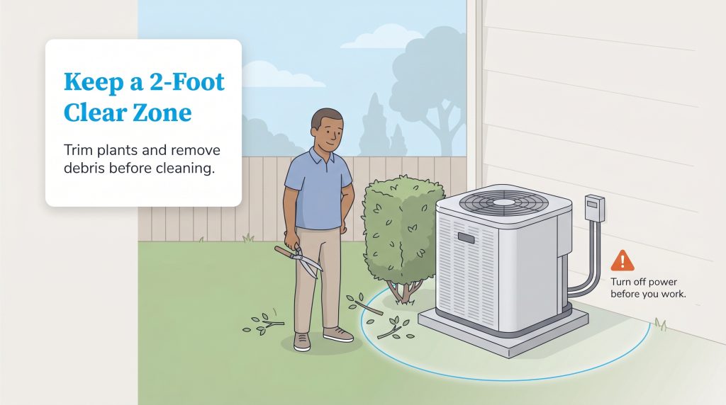 Illustration showing a man clearing plants around an outdoor AC unit, indicating a 2-foot clear zone and a safety warning to turn off the power.