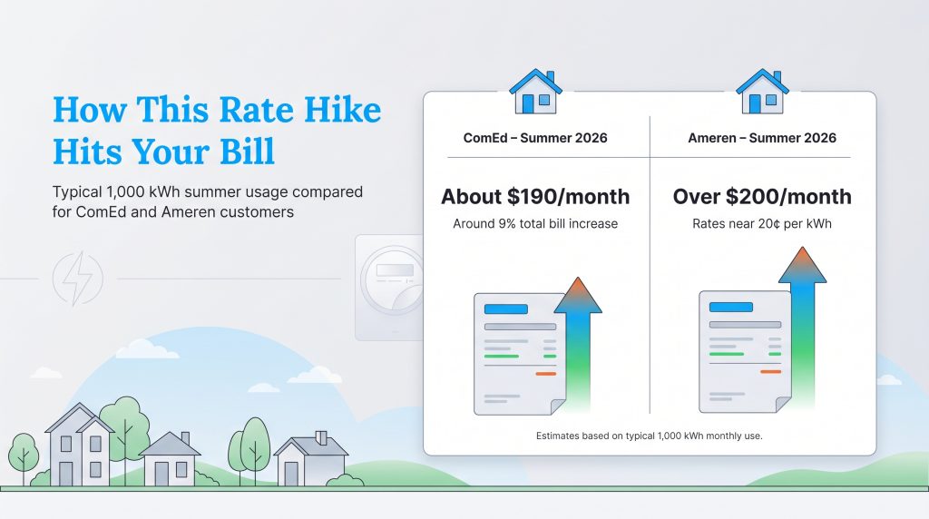 Infographic showing projected summer 2026 electric bills for ComEd (about $190/month) and Ameren (over $200/month) for typical 1,000 kWh usage.
