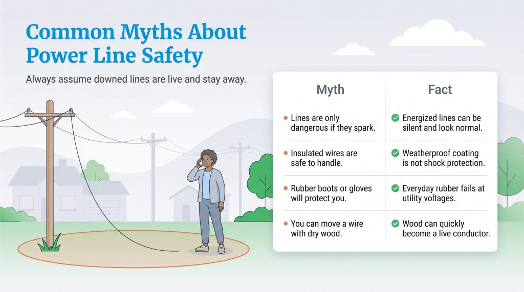 Infographic detailing four common myths versus facts regarding power line safety and electrical hazards.