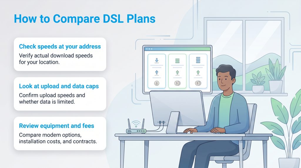 Infographic titled 'How to Compare DSL Plans' with a checklist to check speeds, look at upload and data caps, and review equipment and fees.