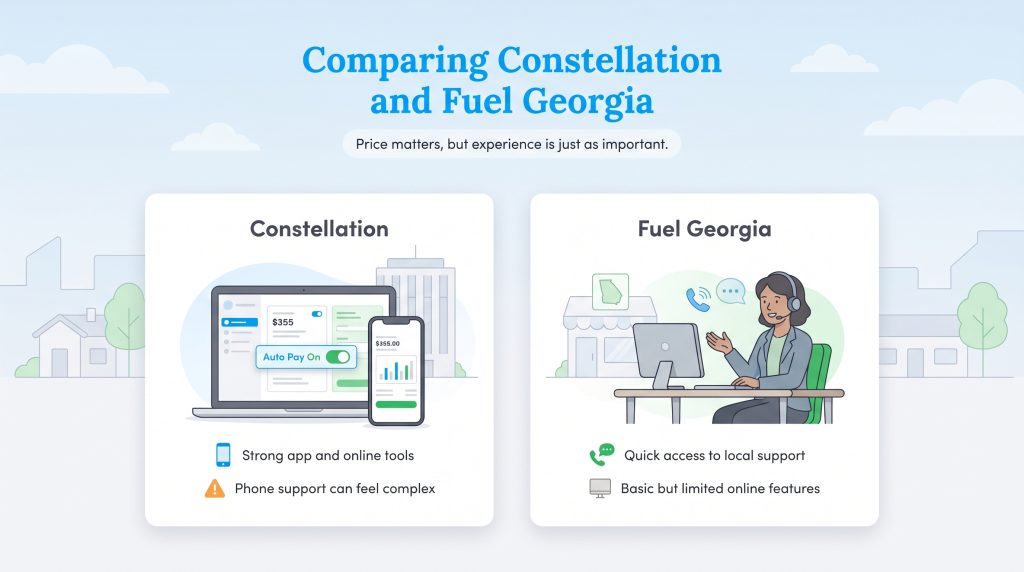 Infographic comparing Constellation's strong digital tools and Fuel Georgia's quick local support.
