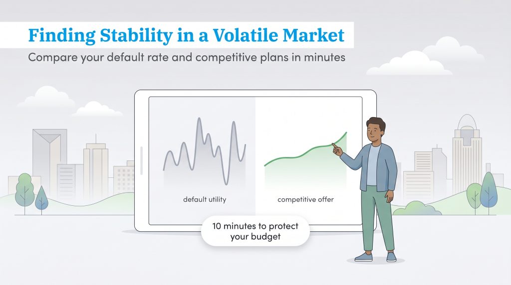 A man points to a tablet screen showing a volatile default utility rate graph and a stable competitive offer graph.
