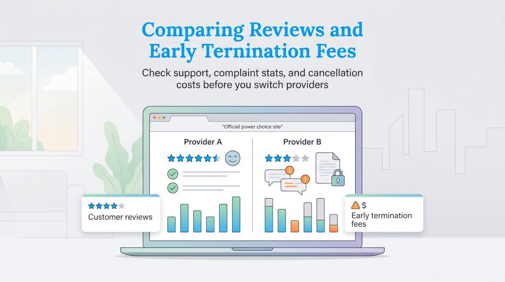 Laptop screen comparing energy providers on reviews and early termination fees on an official site.