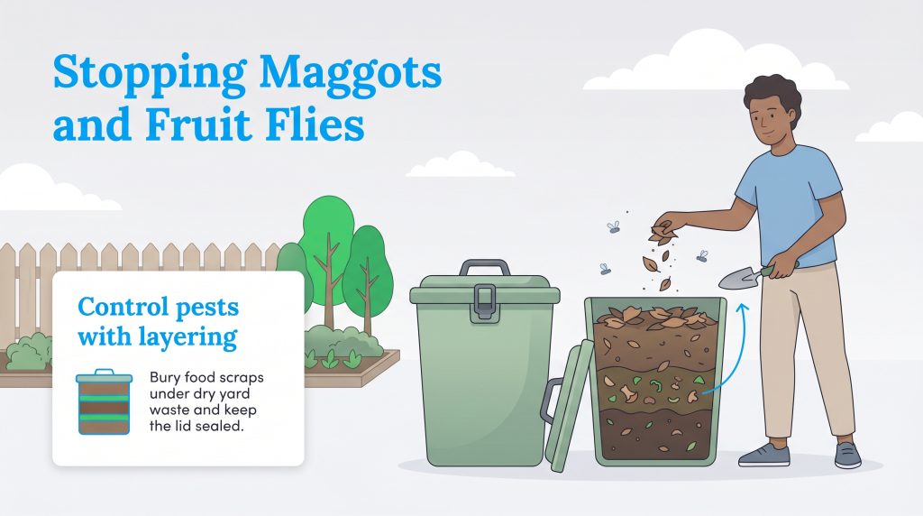 Illustration of a person layering leaves over food scraps in a compost bin to prevent flies.