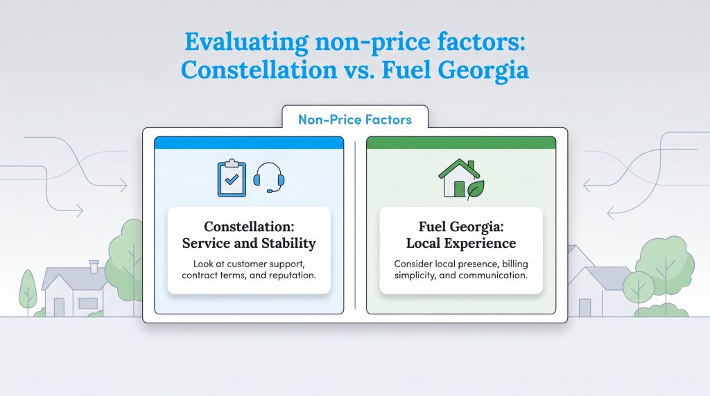 Comparison of non-price factors for Constellation vs Fuel Georgia energy providers.