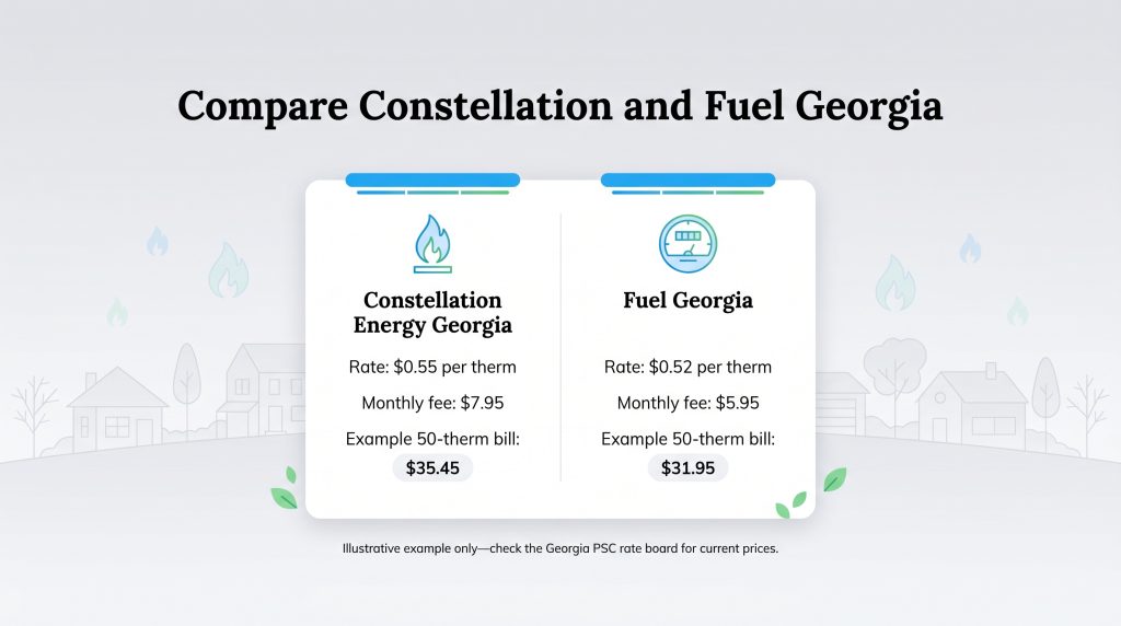 Infographic comparing illustrative natural gas rates and fees between Constellation and Fuel Georgia.