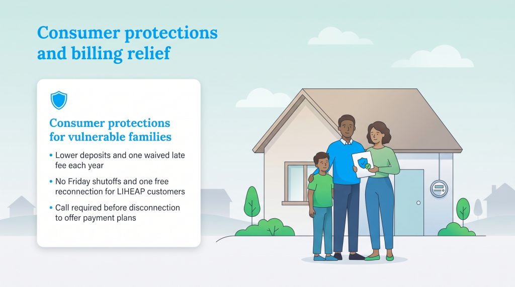 Infographic showing a family and a list of consumer protections like lower deposits and no Friday shutoffs.