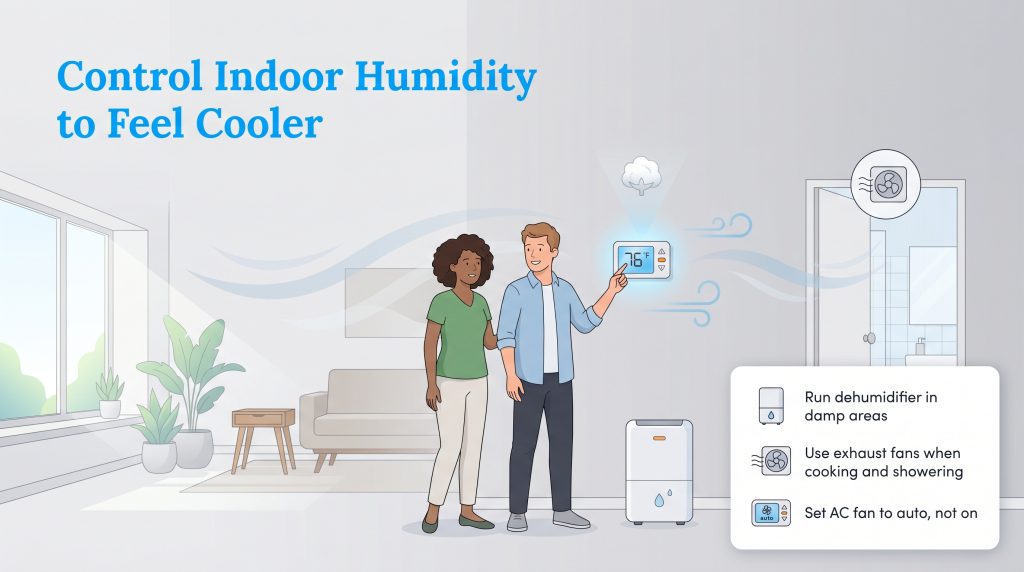 Couple adjusts thermostat to 76°F, with tips shown for controlling indoor humidity to feel cooler.