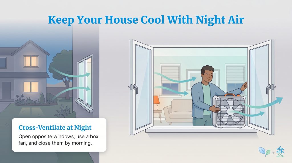 Illustration of a man placing a box fan in a window to create cross-ventilation at night.