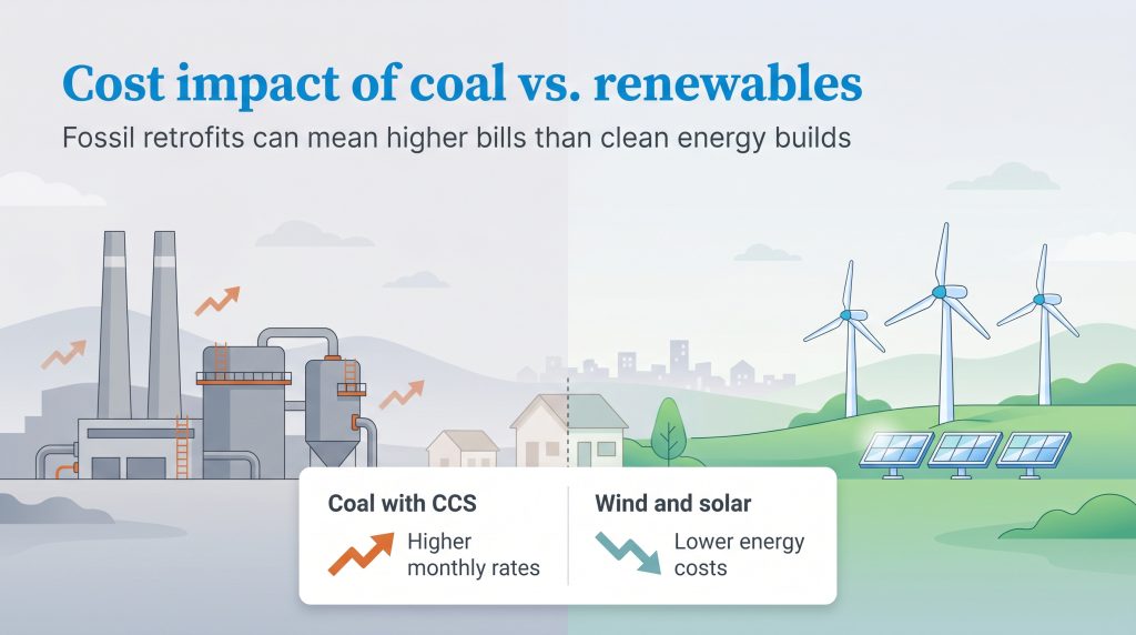 Infographic showing coal retrofits increase bills, while wind and solar lower energy costs.