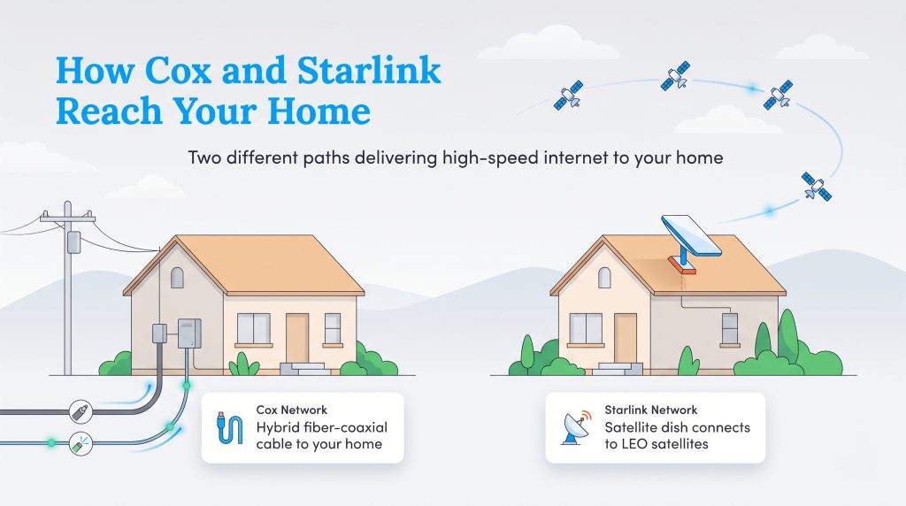 Infographic showing Cox uses underground cables and Starlink uses a satellite dish and satellites.