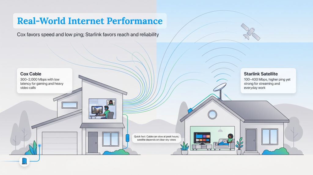 Infographic comparing Cox cable performance for gaming to Starlink satellite for streaming.