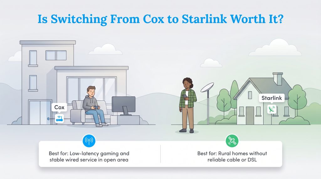 Infographic showing Cox for low-latency gaming and Starlink for rural homes lacking reliable internet.
